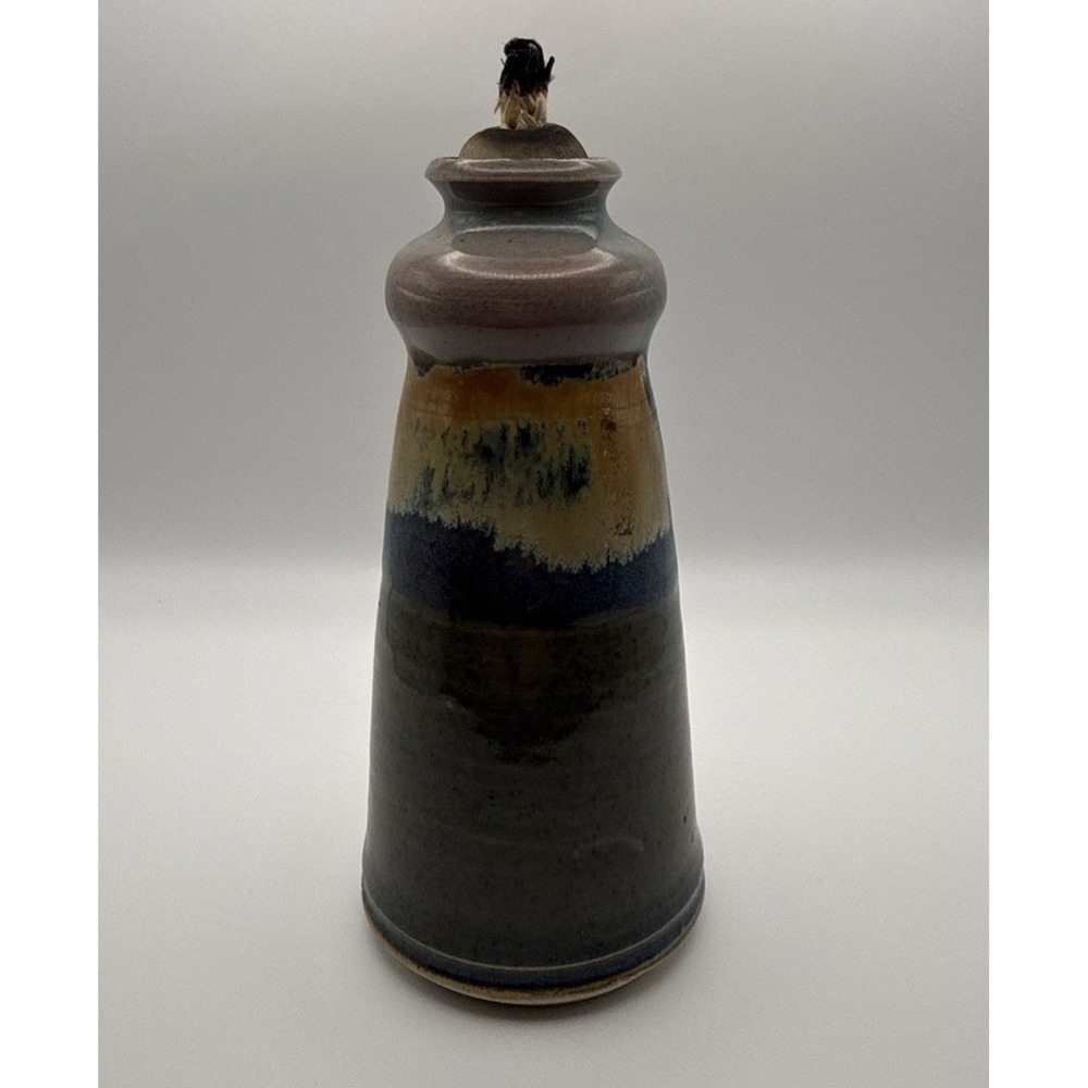 Vintage Studio Art Pottery Oil Lamp Blue Drip Glaze Signed Stoneware 6" x  3"